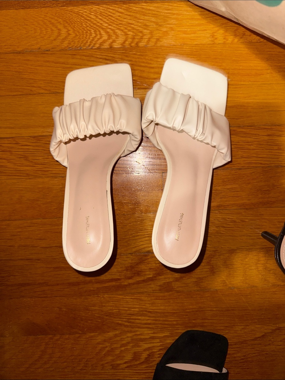 PrettyLittleThing Cream Ruched Square-Toe Slide Mules